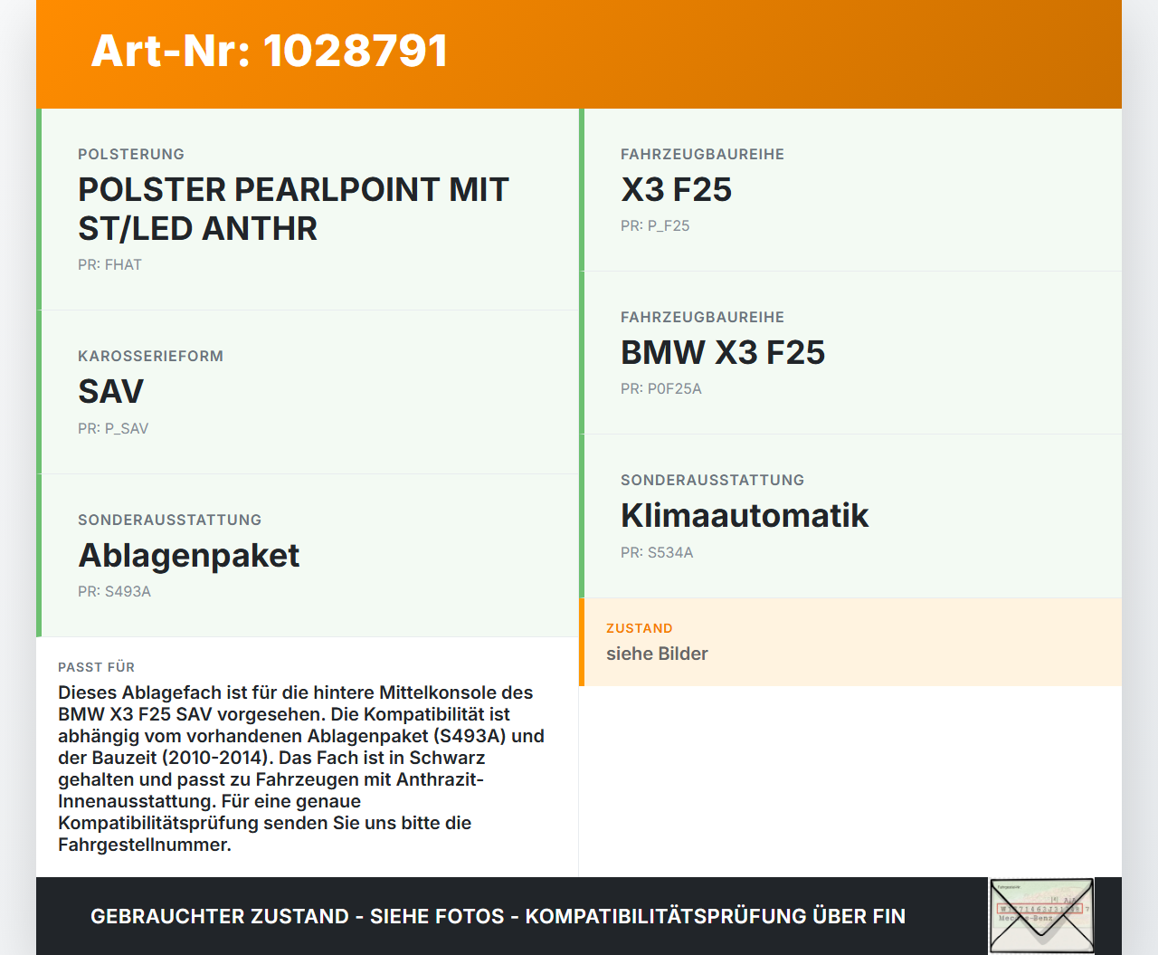 BMW X3 F25 10-14 Ablagefach Staufach Fach BMW X3 F25 10-14 30.03.2011 9184479 51.16-9184479, 9204245 gebraucht Vorschau 3