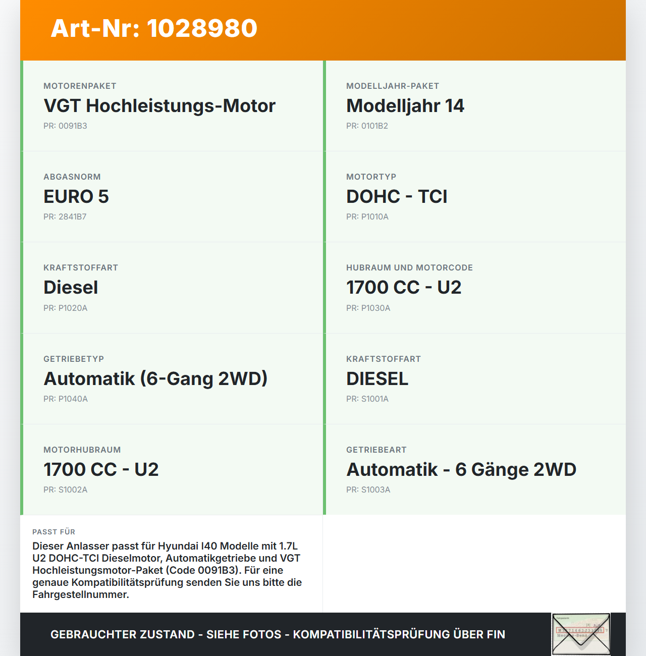 Hyundai I40 CW 11-15 CRDi 1,7 100KW Autom Anlasser Starter Hyundai I40 CW 11-15 11.12.2014 36100-2A830 gebraucht Vorschau 3