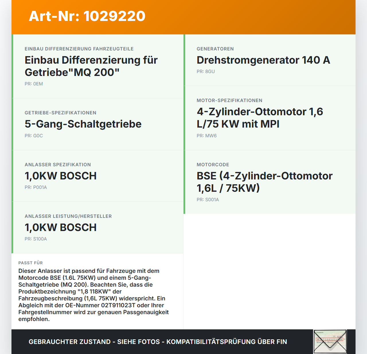 Audi A3 8P 08-10 1,6 75KW Anlasser Starter Audi A3 8P 08-10 27.04.2009 02T911023T D6GS13 gebraucht Vorschau 3