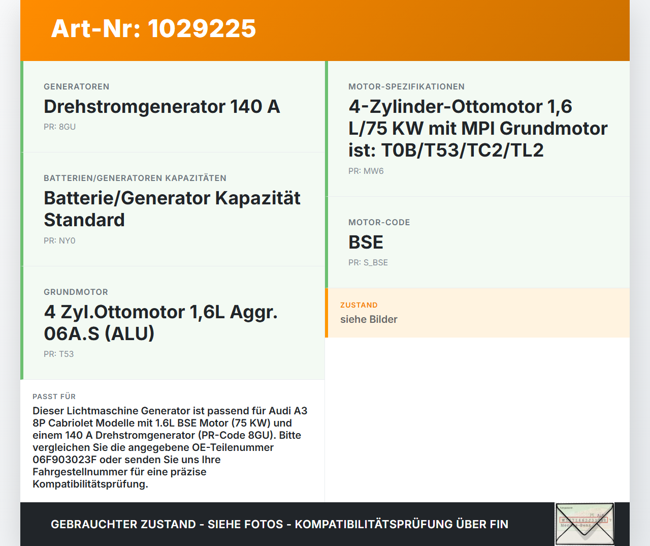 Audi A3 8P 08-10 1,6 75KW Lichtmaschine Generator 140A 14V Audi A3 8P 08-10 27.04.2009 06F903023F 0124525091 gebraucht Vorschau 3