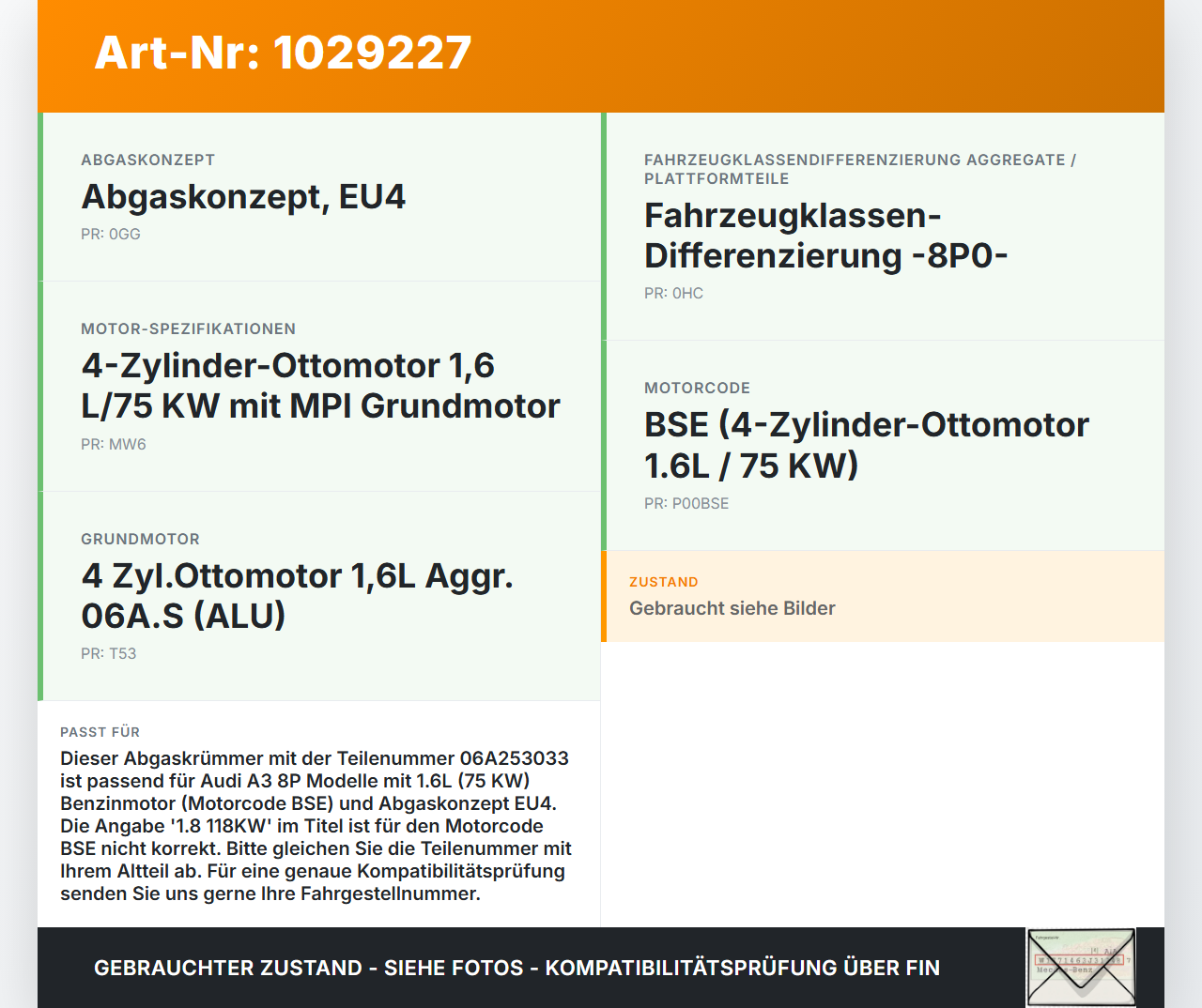 Audi A3 8P 08-10 1,6 75KW BSE Abgaskrümmer Audi A3 8P 08-10 27.04.2009 06A253033 gebraucht Vorschau 3