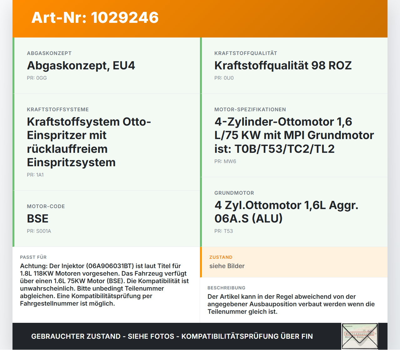 Audi A3 8P 08-10 1,6 75KW Injektor Einspritzdüse Zyl.3 Audi A3 8P 08-10 27.04.2009 06A906031BT gebraucht Vorschau 3