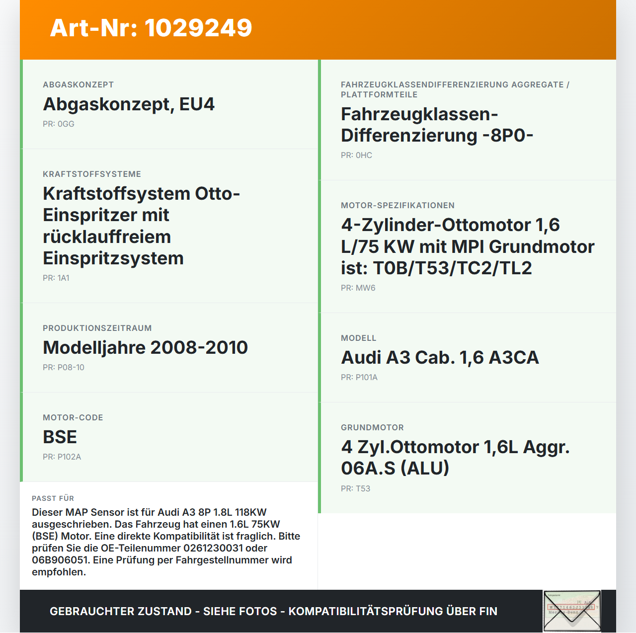 Audi A3 8P 08-10 1,6 75KW Luftdruck MAP Sensor Audi A3 8P 08-10 27.04.2009 0261230031 06B906051 gebraucht Vorschau 3