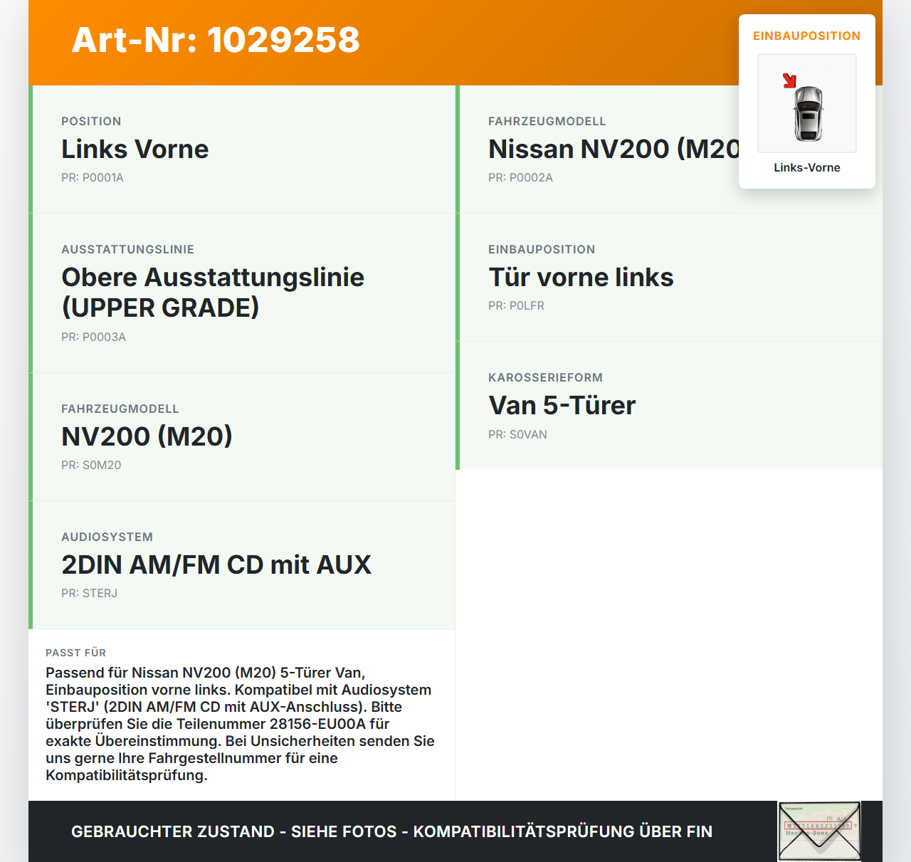 Nissan NV200 09-21 Lautsprecher Links Vorne Nissan NV200 09-21 01.08.2010 28156EU00A 28156-EU00A gebraucht Vorschau 3