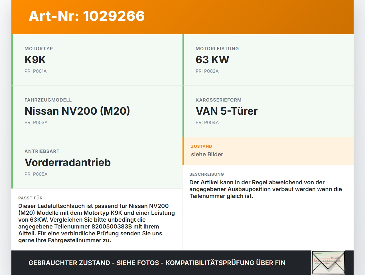 Nissan NV200 09-21 dCi 1,5 63KW Ansaugrohr Ladeluftschlauch Luftschlauch Pos.1 Nissan NV200 09-21 01.08.2010... Vorschau 3