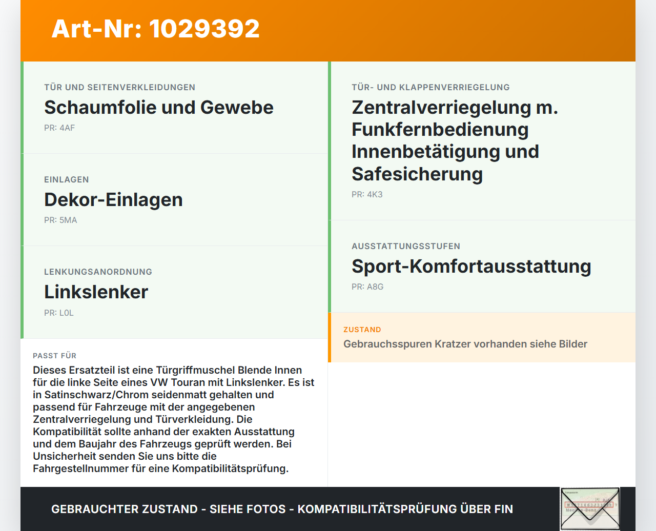 VW Touran 1T 03-06 Satz Türgriffmuscheln Blende Innen VW Touran 1T 03-06 16.04.2009 1K0864203 gebraucht Vorschau 3