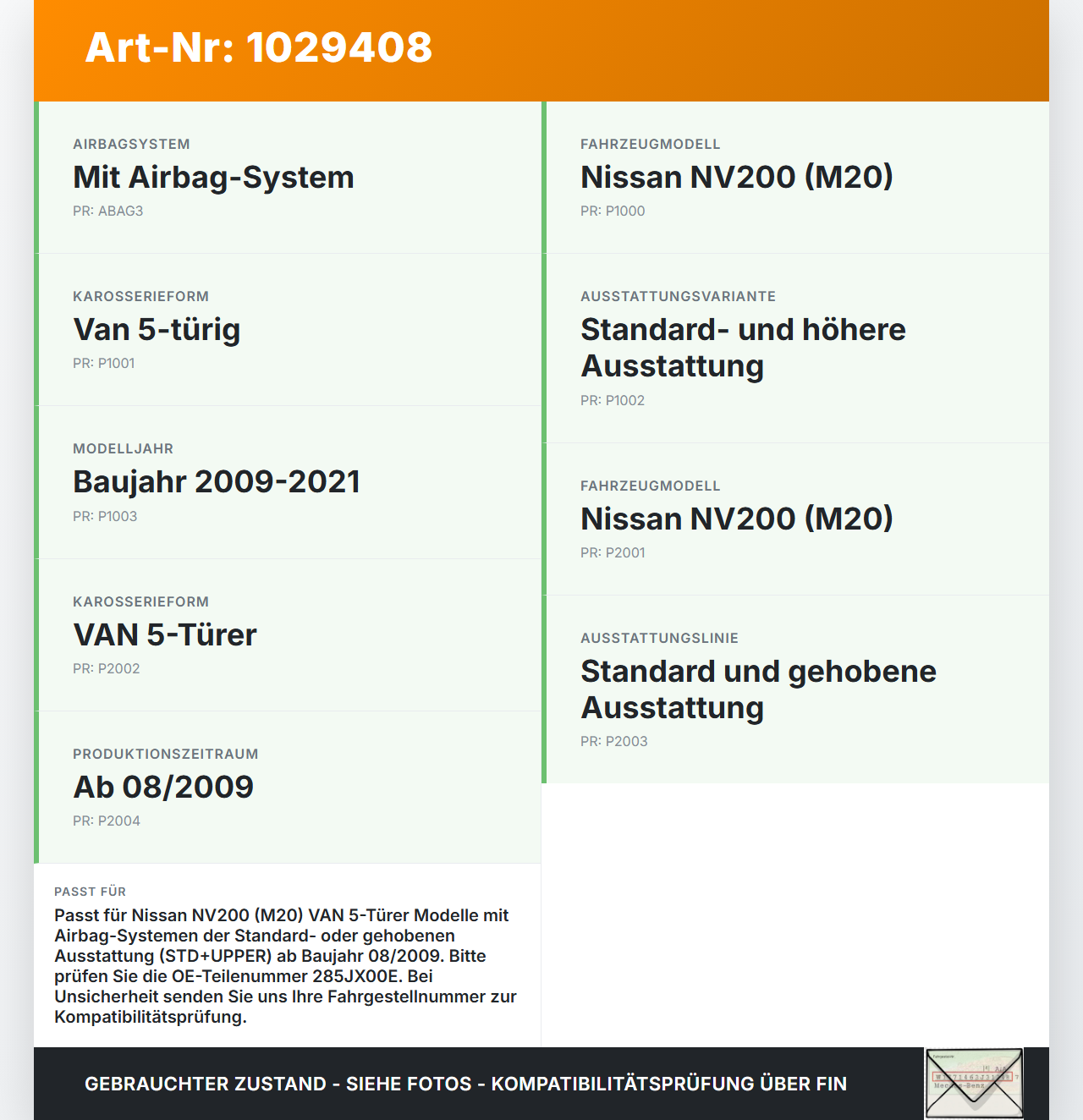 Nissan NV200 09-21 Airbag Steuergerät SRS Airbagsteuergerät Nissan NV200 09-21 01.08.2010 285JX00E gebraucht Vorschau 3
