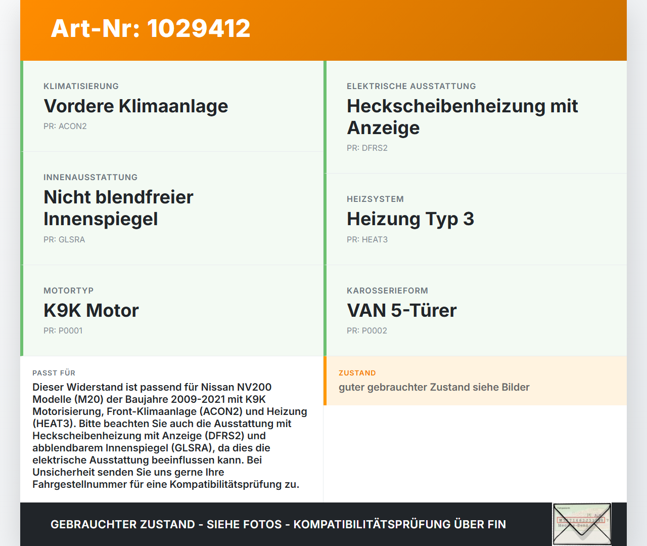 Nissan NV200 09-21 Widerstand Vorwiderstand Gebläse Heizung Lüfter Nissan NV200 09-21 01.08.2010 1CP8B050 gebraucht Vorschau 3