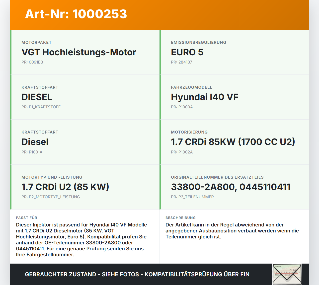 Hyundai I40 VF 12-19 CRDi 1,7 85KW Injektor Einspritzdüse Zyl.1 Hyundai I40 VF 12-19 09.07.2014 338002A800... Vorschau 3