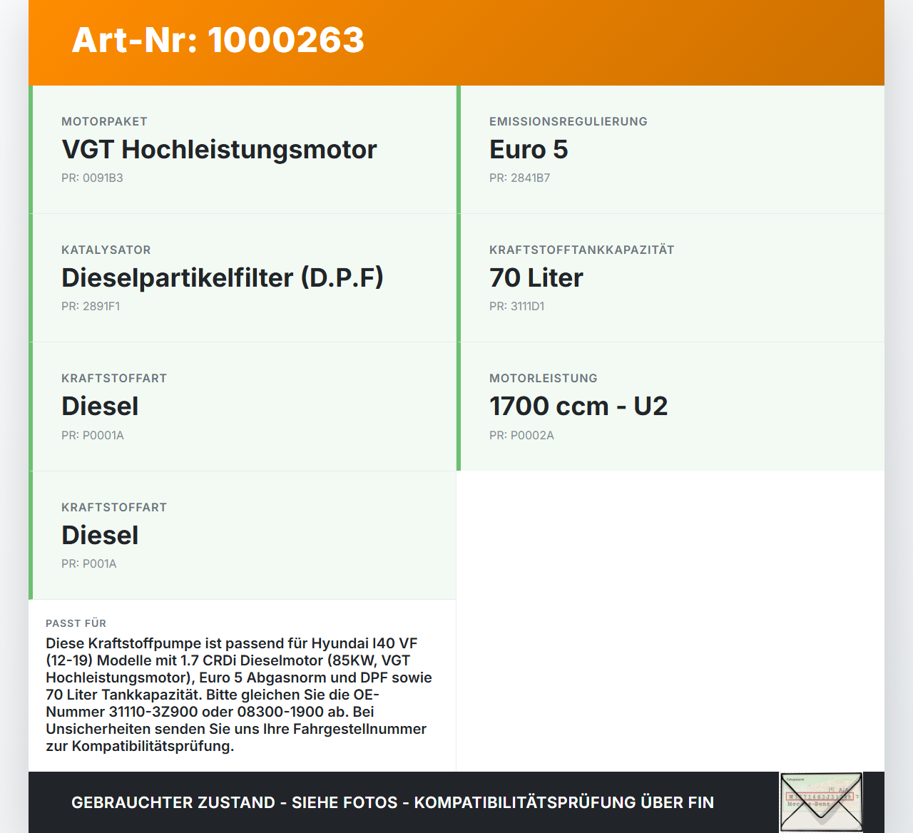 Hyundai I40 VF 12-19 CRDi 1,7 85KW Kraftstoffpumpe Kraftstoff Förderpumpe Tankgeber Hyundai I40 VF 12-19 09.07.2014... Vorschau 3