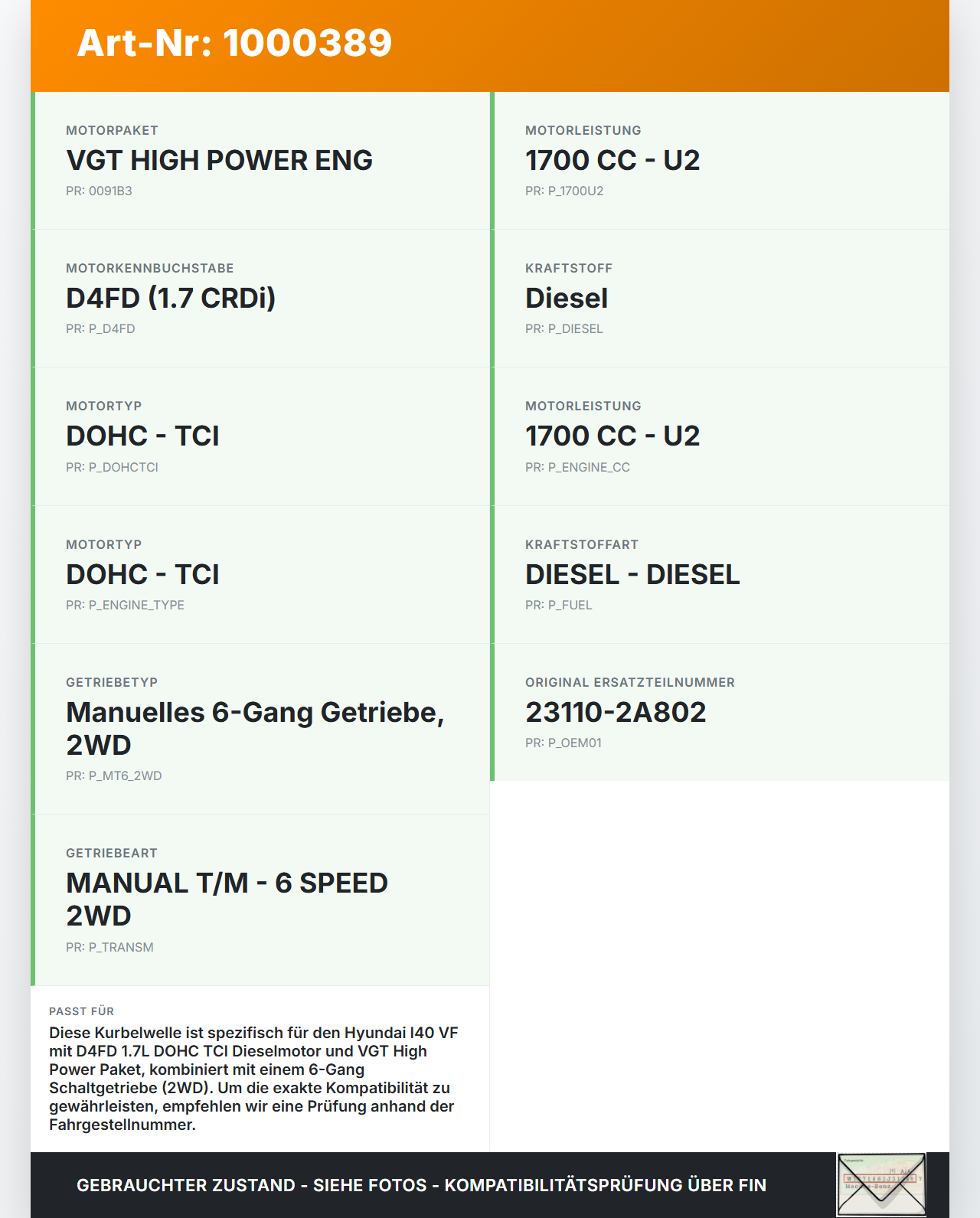 Hyundai I40 VF 12-19 CRDi 1,7 85KW D4FD HX25 Kurbelwelle Hyundai I40 VF 12-19 09.07.2014 23110-2A802 gebraucht Vorschau 3