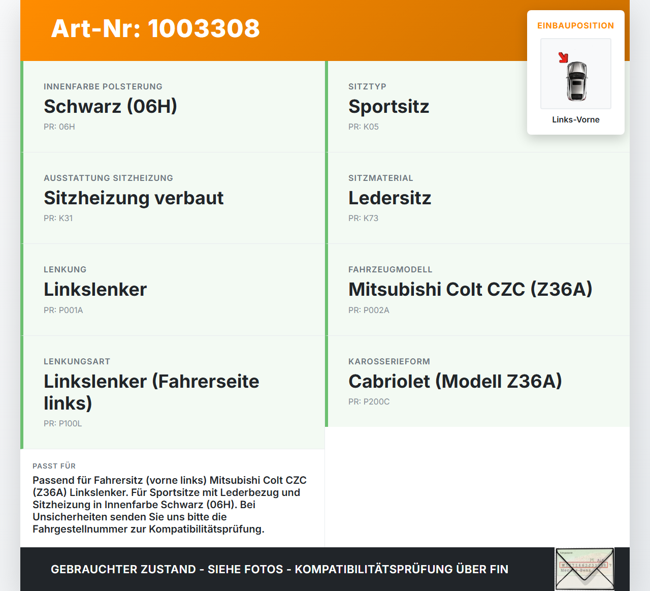Mitsubishi Colt CZC 06-09 Cabrio Sitzbezug Sitzpolster für Fahrersitz Sitz Links Vorne beheizt Mitsubishi Colt CZC... Vorschau 3