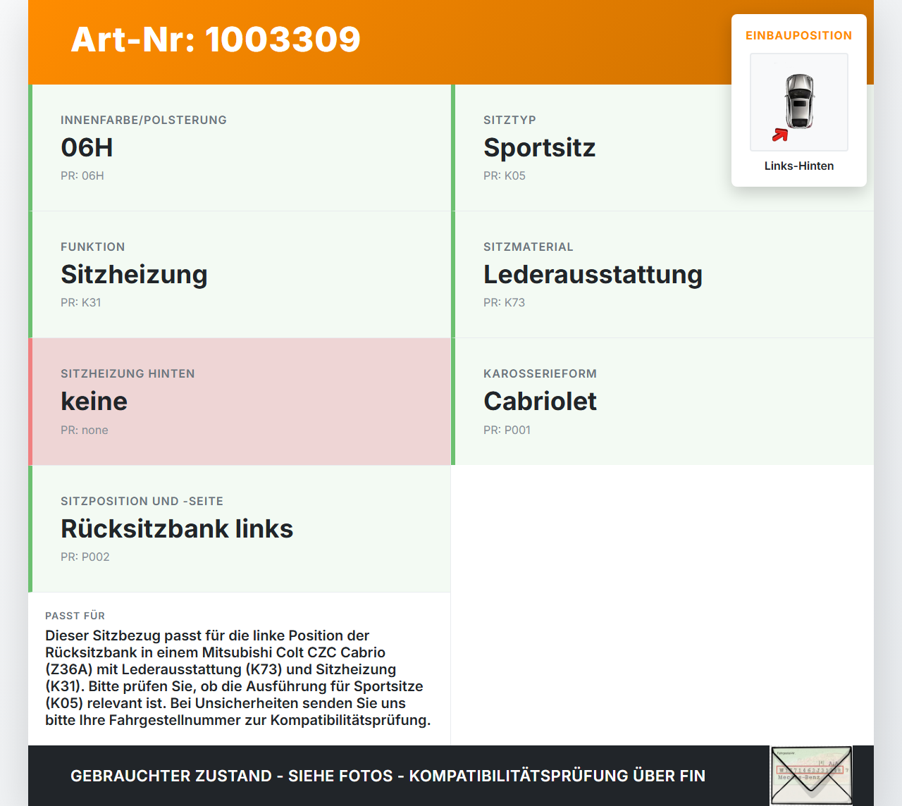 Mitsubishi Colt CZC 06-09 Cabrio Sitzbezug Sitzpolster Links für Rücksitzbank Hinten Mitsubishi Colt CZC 06-09... Vorschau 3