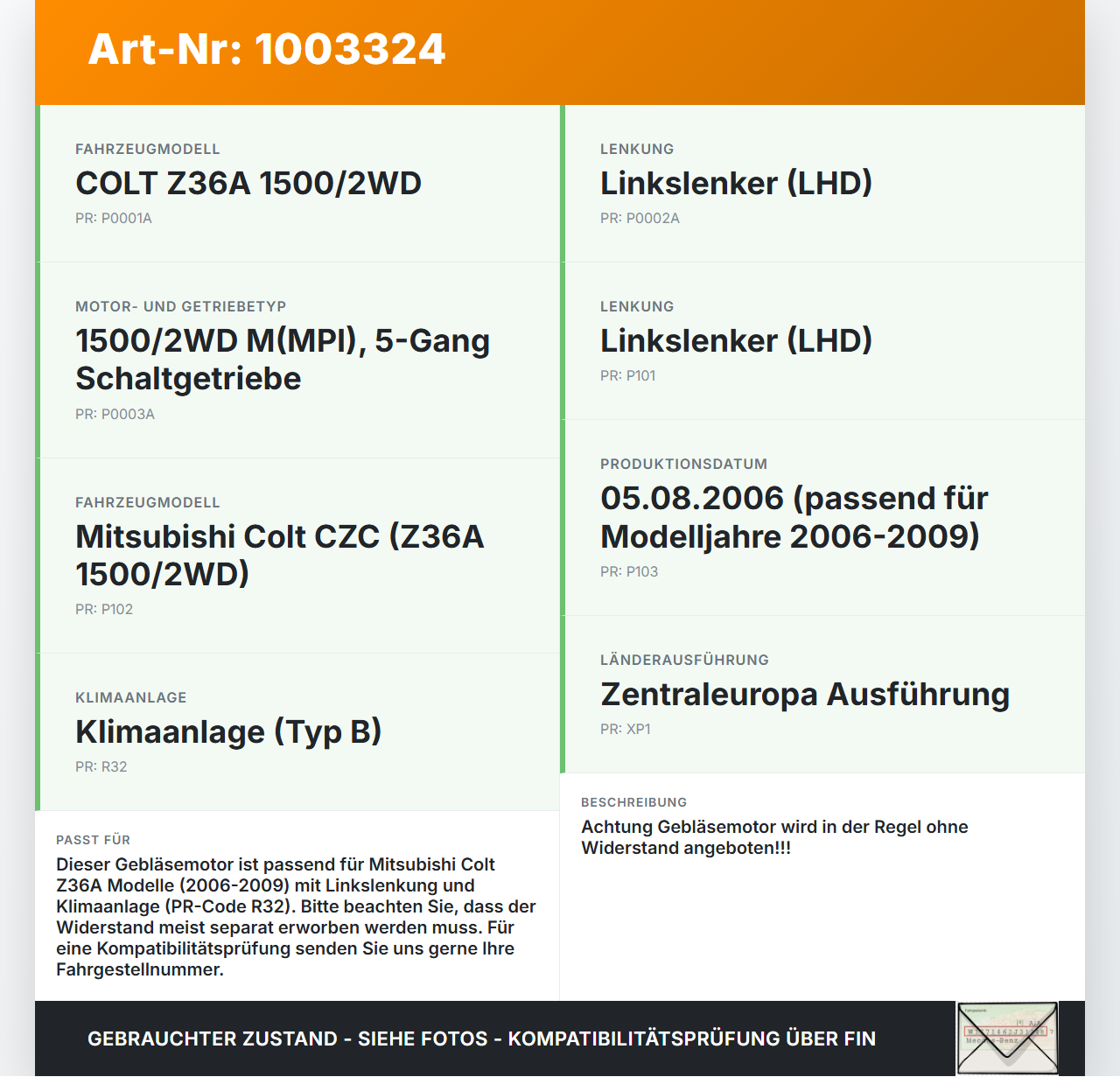 Mitsubishi Colt CZC 06-09 Gebläsemotor Lüftermotor Heizungsgebläse Mitsubishi Colt CZC 06-09 28.03.2007 1355A080... Vorschau 3