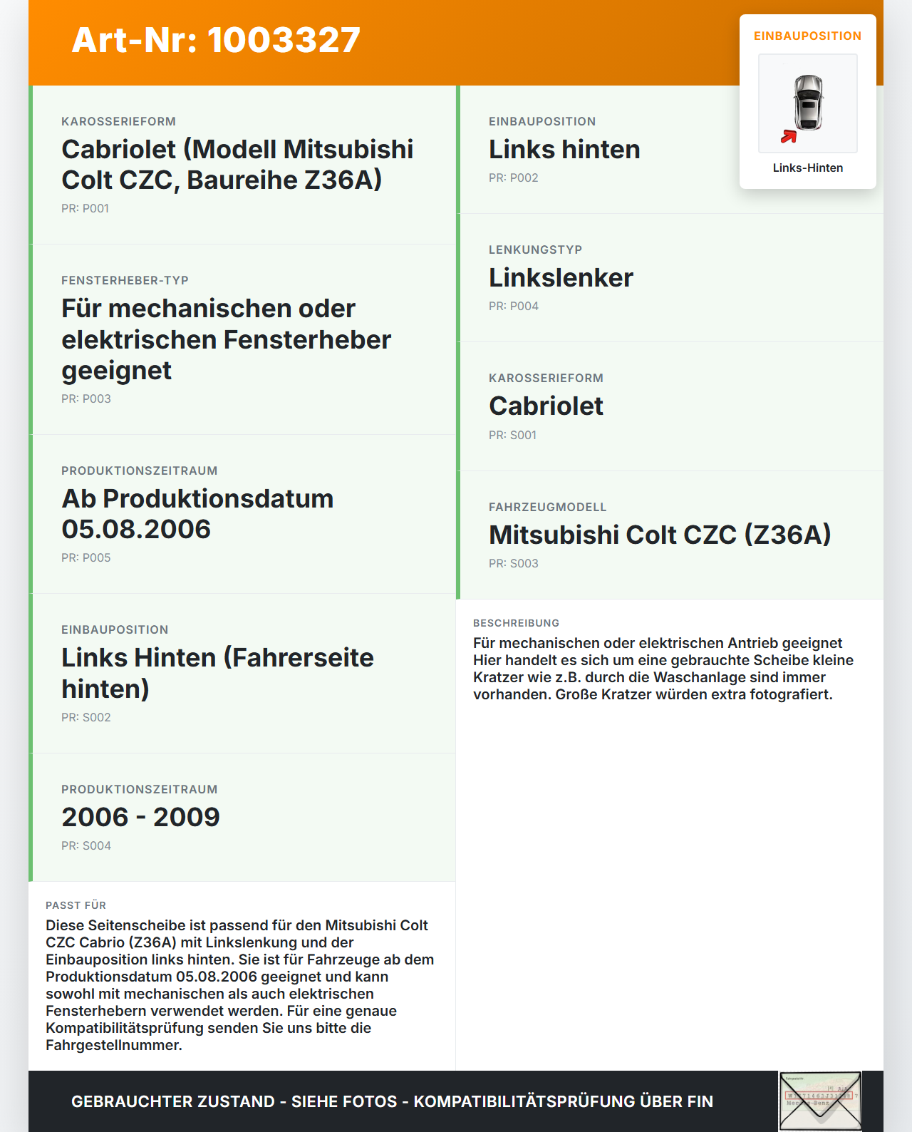Mitsubishi Colt CZC 06-09 Cabrio LHK Seitenscheibe für Tür Fenster Scheibe Links Hinten Mitsubishi Colt CZC 06-09... Vorschau 3