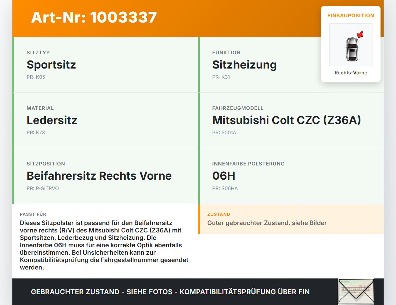 Mitsubishi Colt CZC 06-09 Cabrio Sitzbezug Sitzpolster für Beifahrersitz Rechts Vorne beheizt Mitsubishi Colt CZC... Vorschau 3