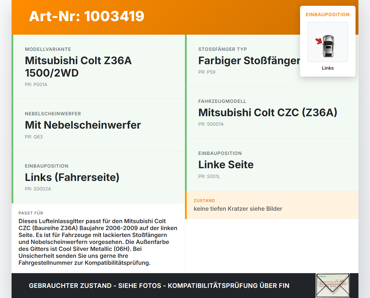 Mitsubishi Colt CZC 06-09 Lufteinlassgitter für Stoßstange Stoßfänger Links 06H Mitsubishi Colt CZC 06-09... Vorschau 3