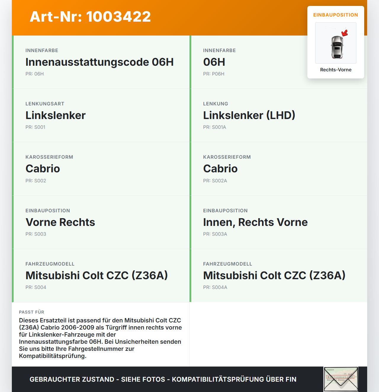 Mitsubishi Colt CZC 06-09 Cabrio Türgriff Griffmuschel Griff Innen Rechts Vorne Mitsubishi Colt CZC 06-09... Vorschau 3