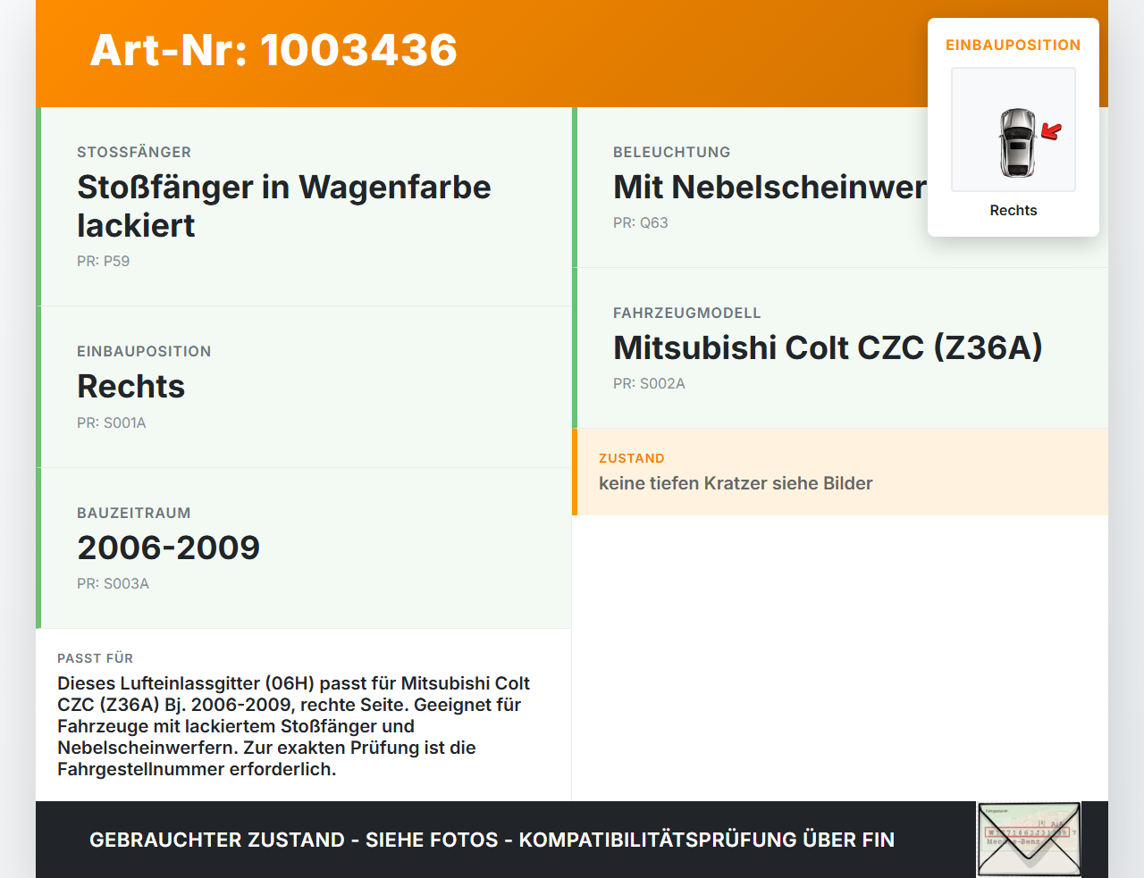 Mitsubishi Colt CZC 06-09 Lufteinlassgitter für Stoßstange Stoßfänger Rechts 06H Mitsubishi Colt CZC 06-09... Vorschau 3