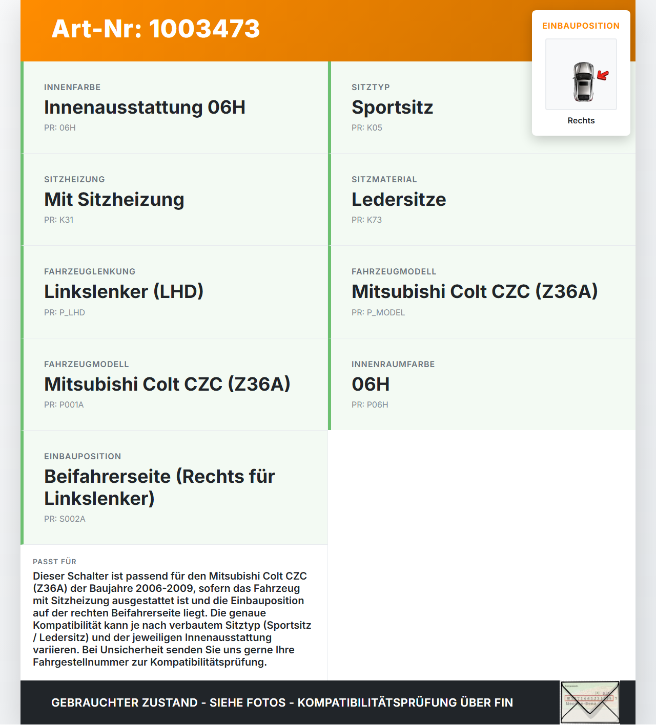Mitsubishi Colt CZC 06-09 Schalter Regler für Sitzheizung Rechts Mitsubishi Colt CZC 06-09 28.03.2007 MN108340 gebraucht Vorschau 3