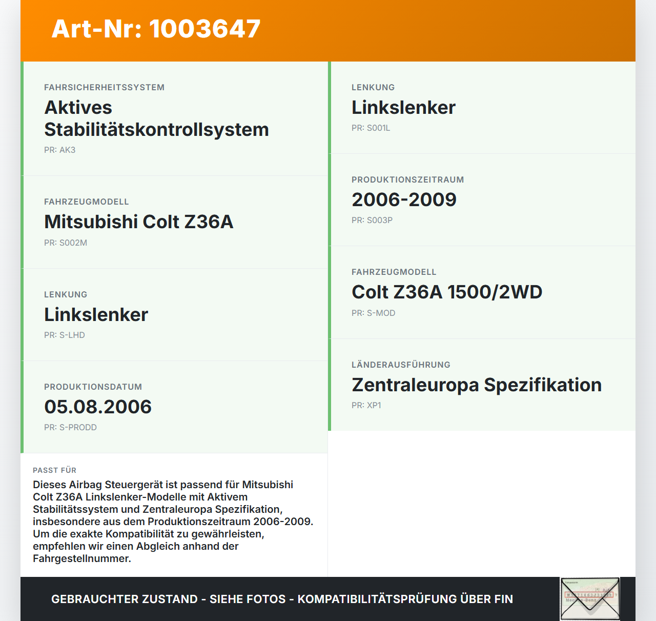 Mitsubishi Colt CZC 06-09 Airbag Steuergerät Airbagsteuergerät Mitsubishi Colt CZC 06-09 28.03.2007 MN300140... Vorschau 3