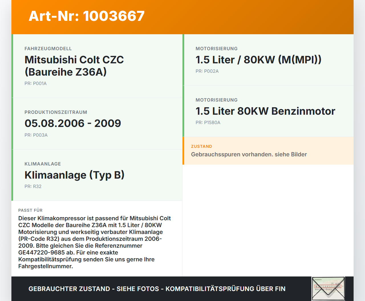 Mitsubishi Colt CZC 06-09 1,5 80KW Klimakompressor Klima Kompressor Mitsubishi Colt CZC 06-09 28.03.2007 7813A058... Vorschau 3