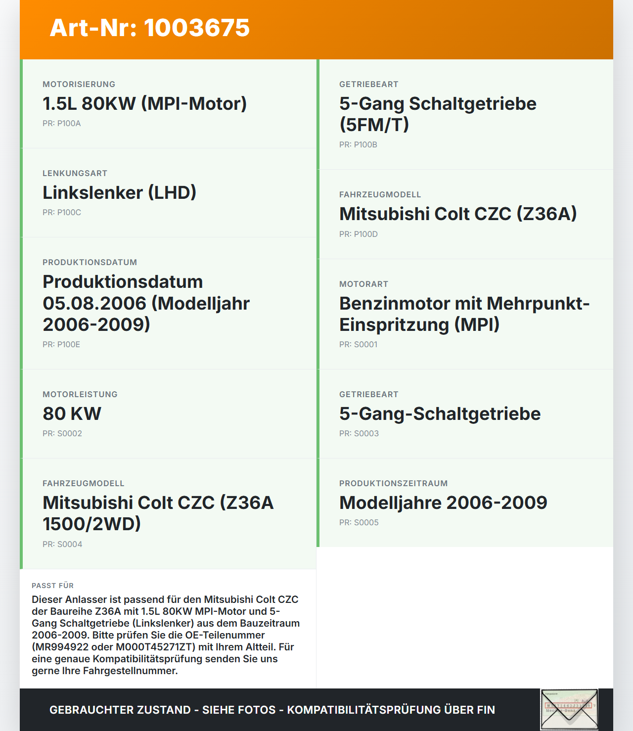 Mitsubishi Colt CZC 06-09 1,5 80KW Anlasser Starter Mitsubishi Colt CZC 06-09 28.03.2007 MR994922 M000T45271ZT gebraucht Vorschau 3