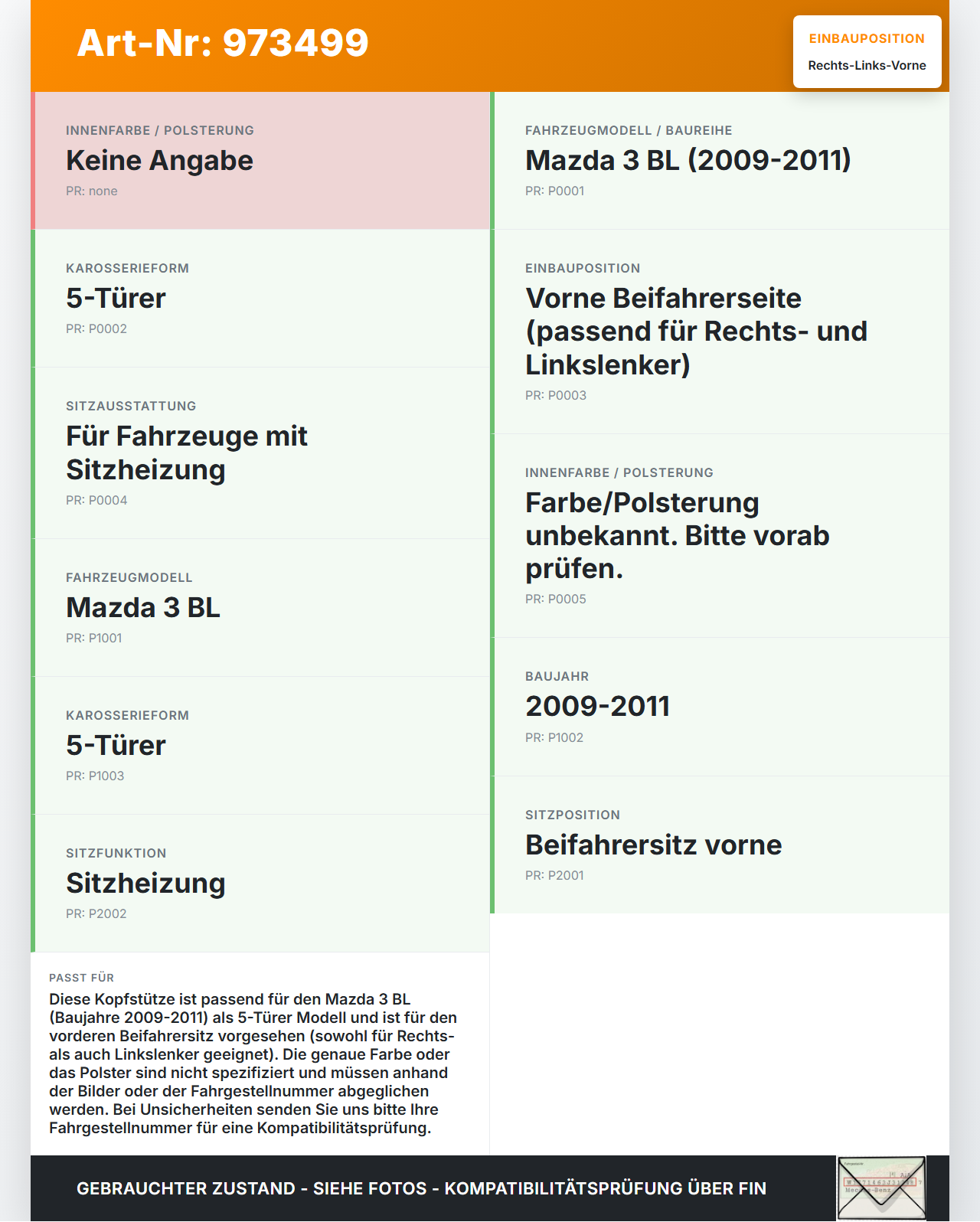 Mazda 3 BL 09-11 5T Kopfstütze für Beifahrer Sitz Rechts oder Links Vorne Mazda 3 BL 09-11 01.10.2011 gebraucht Vorschau 3