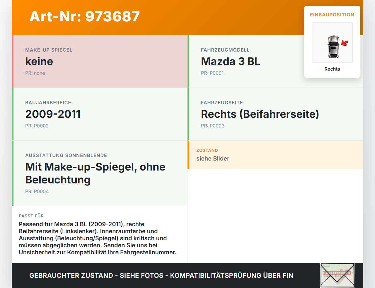 Mazda 3 BL 09-11 Sonnenblende Rechts für Beifahrer Mazda 3 BL 09-11 01.10.2011 gebraucht Vorschau 3