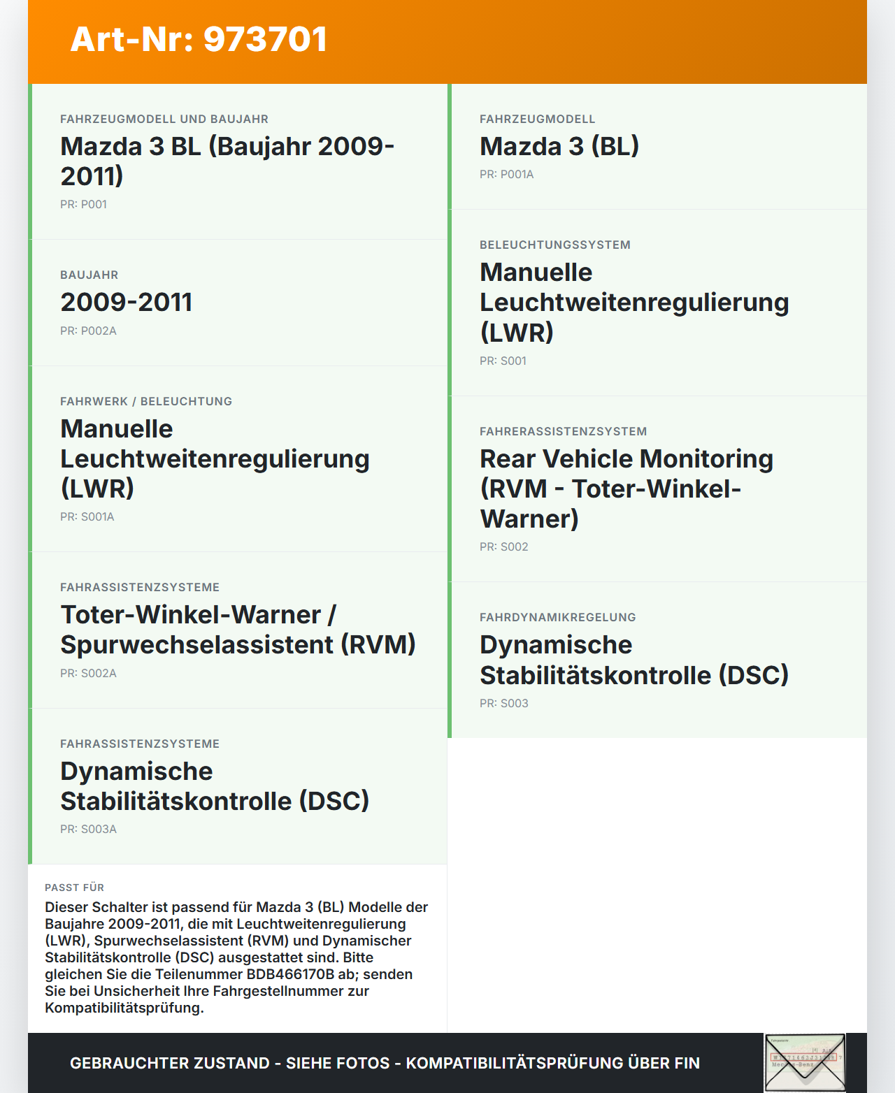 Mazda 3 BL 09-11 Schalter LWR RVM DSC Off Mazda 3 BL 09-11 01.10.2011 BDB466170B gebraucht Vorschau 3