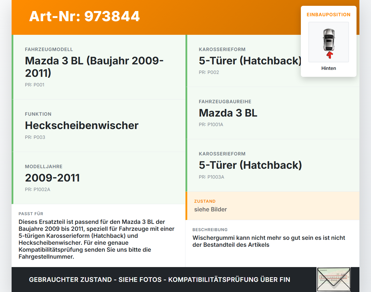 Mazda 3 BL 09-11 5T Heckwischer Scheibenwischer Hinten Wischarm Mazda 3 BL 09-11 01.10.2011 gebraucht Vorschau 3