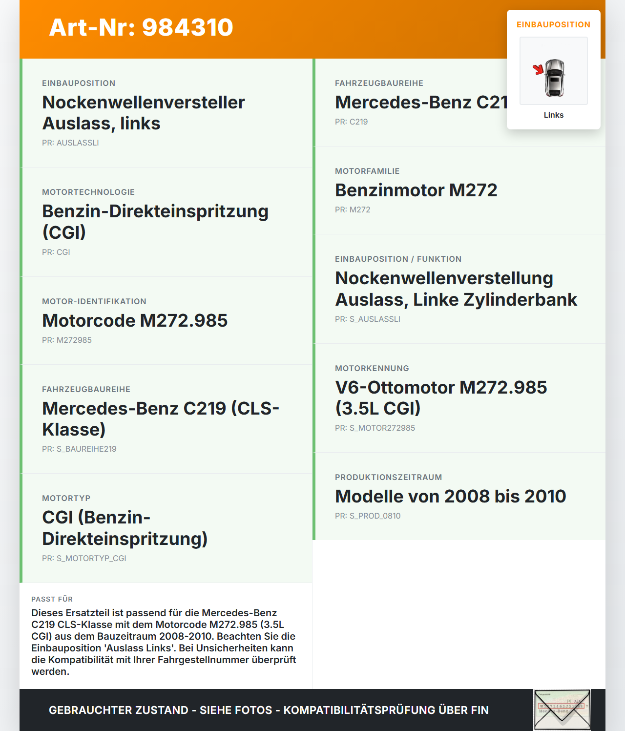Mercedes C219 CLS 08-10 350 CGI 3,5  272985 Nockenwellenverstellung Nockenwellen Versteller Auslass Links Mercedes... Vorschau 3