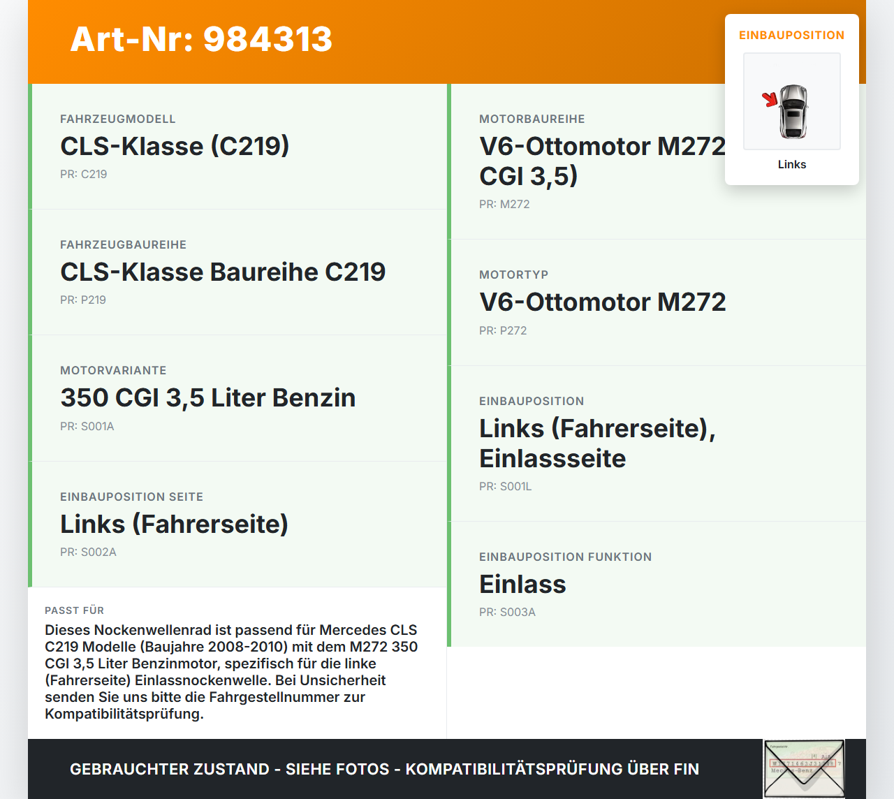 Mercedes C219 CLS 08-10 350 CGI 3,5 Nockenwellenrad Nockenwellenversteller Links Einlass Mercedes C219 CLS 08-10... Vorschau 3