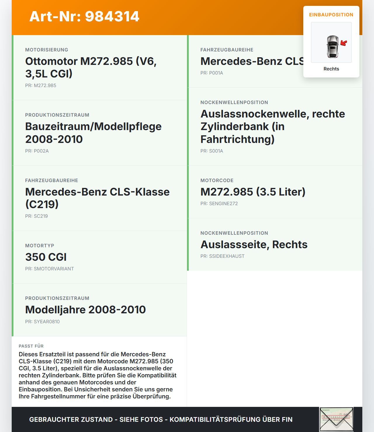 Mercedes C219 CLS 08-10 350 CGI 3,5  272985 Nockenwellenverstellung Verstellung für Nockenwelle Auslass Rechts... Vorschau 3