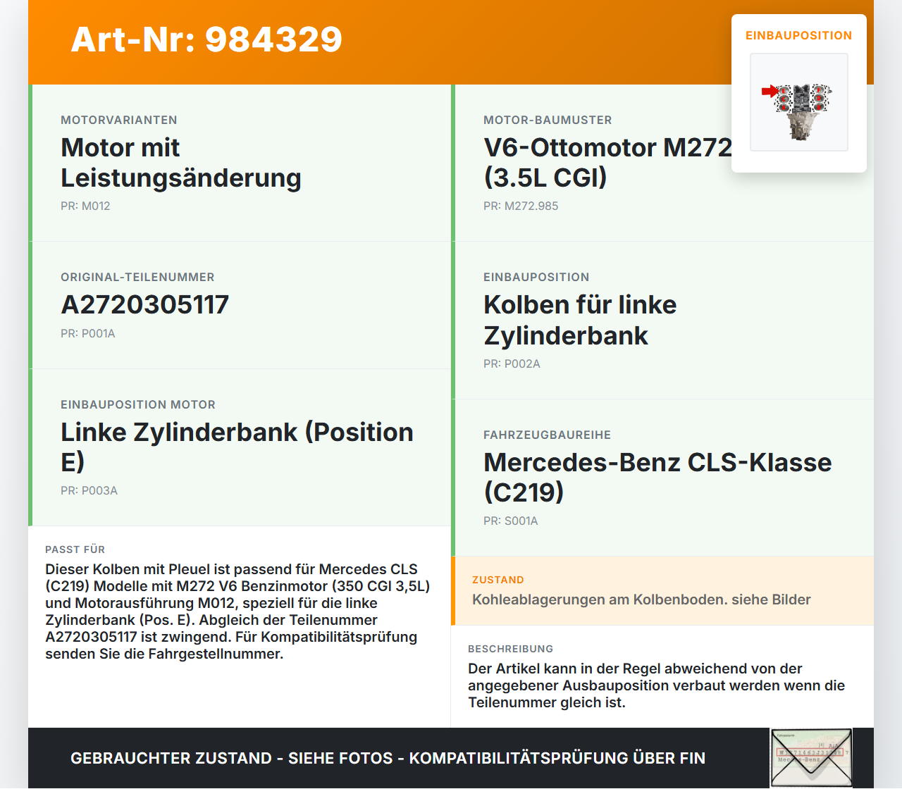 Mercedes C219 CLS 08-10 350 CGI 3,5  272985 Kolben mit Pleuel Pos E Mercedes C219 CLS 08-10 19.11.2009 A2720305117... Vorschau 3