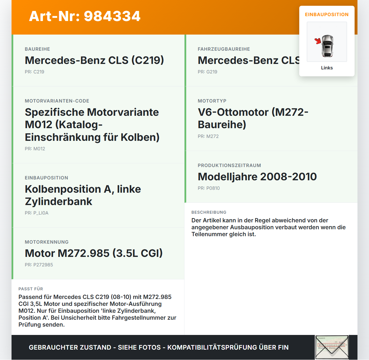 Mercedes C219 CLS 08-10 350 CGI 3,5  272985 Kolben mit Pleuel Pos A Links Mercedes C219 CLS 08-10 19.11.2009... Vorschau 3