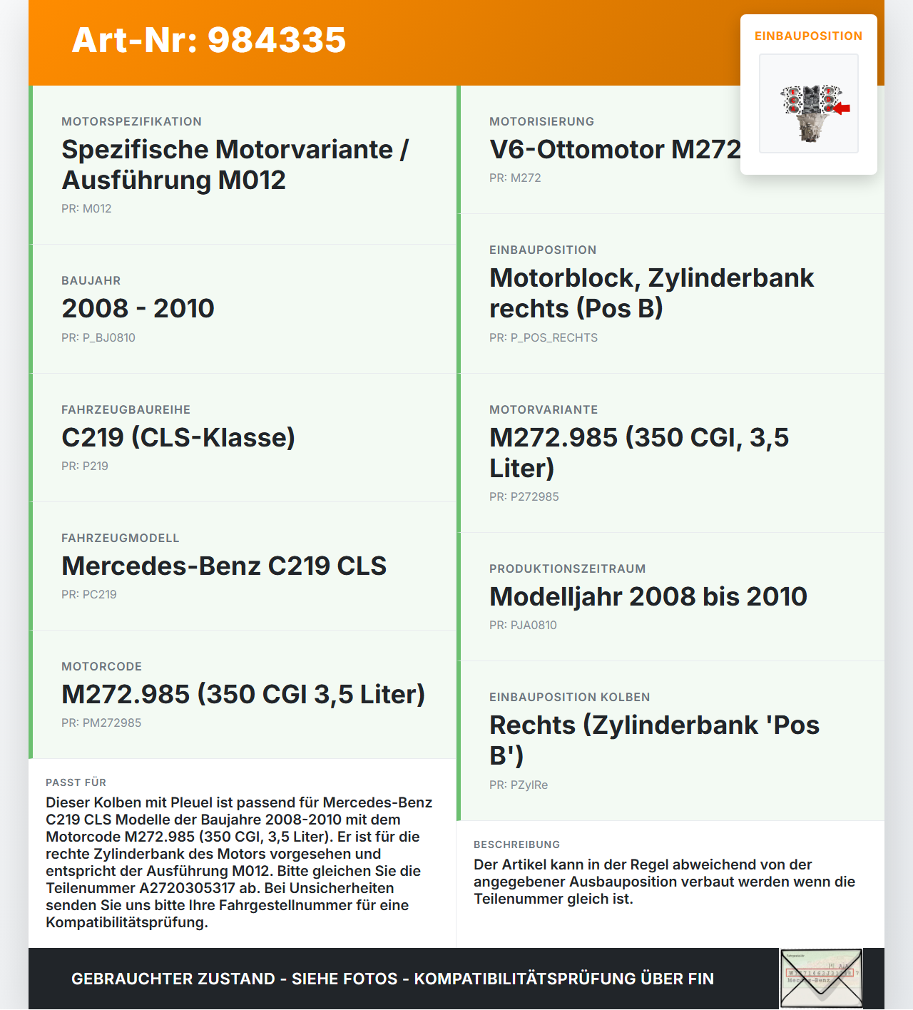Mercedes C219 CLS 08-10 350 CGI 3,5  272985 Kolben mit Pleuel Pos B Mercedes C219 CLS 08-10 19.11.2009 A2720305317... Vorschau 3