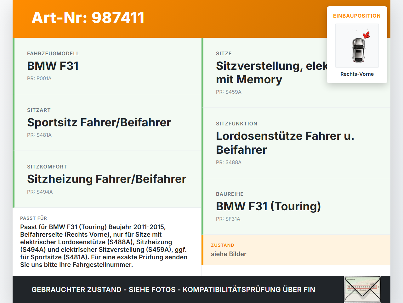 BMW F31 320d 11-15 Lordosenpumpe und Lordosenkissen für Sitz Verstellung Rechts Vorne BMW F31 320d 11-15 27.03.2015... Vorschau 3