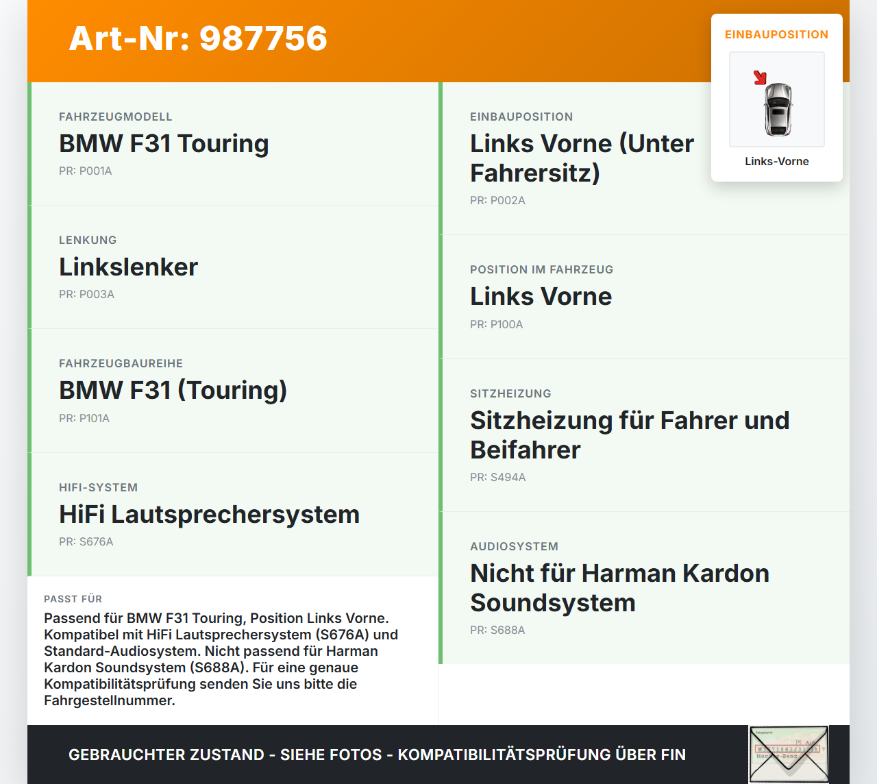 BMW F31 320d 11-15 Lautsprecher Zentralbass Links Vorne BMW F31 320d 11-15 27.03.2015 65139210147 9210147... Vorschau 3