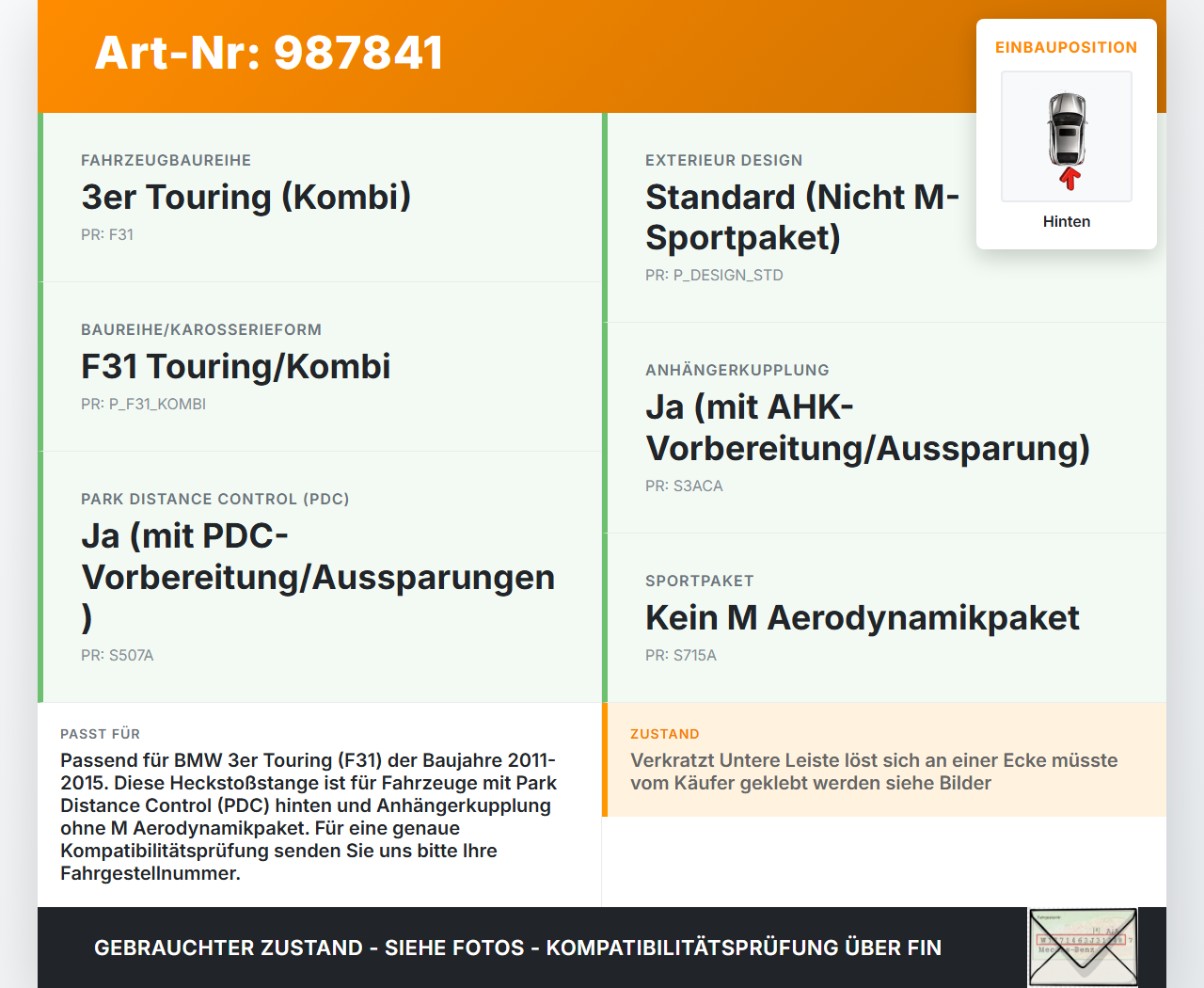 BMW F31 320d 11-15 Kombi Stoßstange Stoßfänger Heckstosstange Hinten B39 BMW F31 320d 11-15 27.03.2015 5112-8056577... Vorschau 3