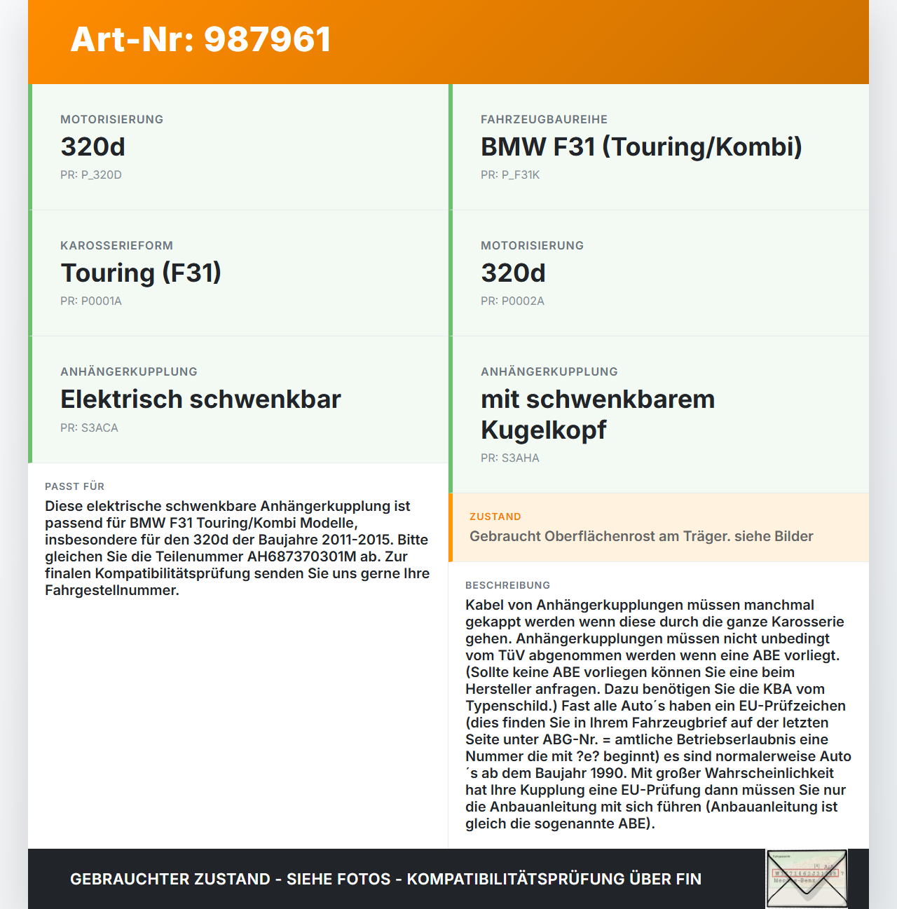 BMW F31 320d 11-15 Kombi Anhängerkupplung AHK Elektr. Schwenkbar Orig. Westfalia BMW F31 320d 11-15 27.03.2015... Vorschau 3