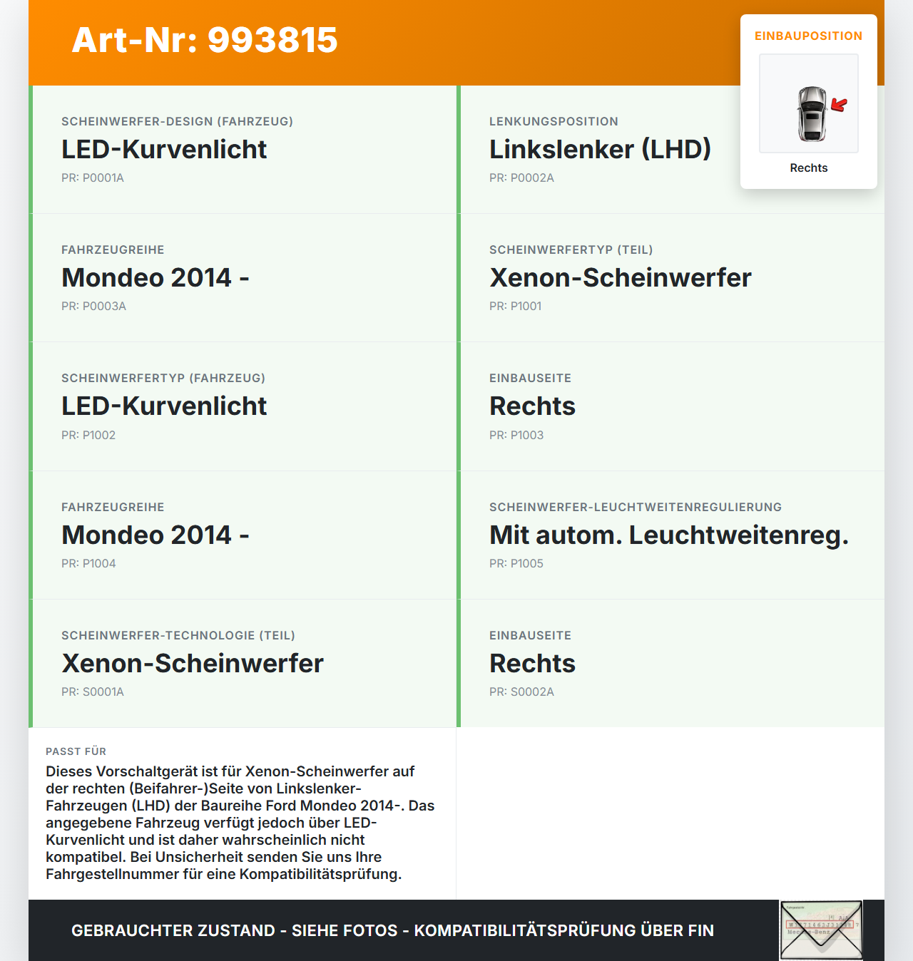 Ford Mondeo 5 V CF 14-19 Xenon Vorschaltgerät Rechts Ford Mondeo 5 V CF 14-19 15.10.2019 90116931 gebraucht Vorschau 3