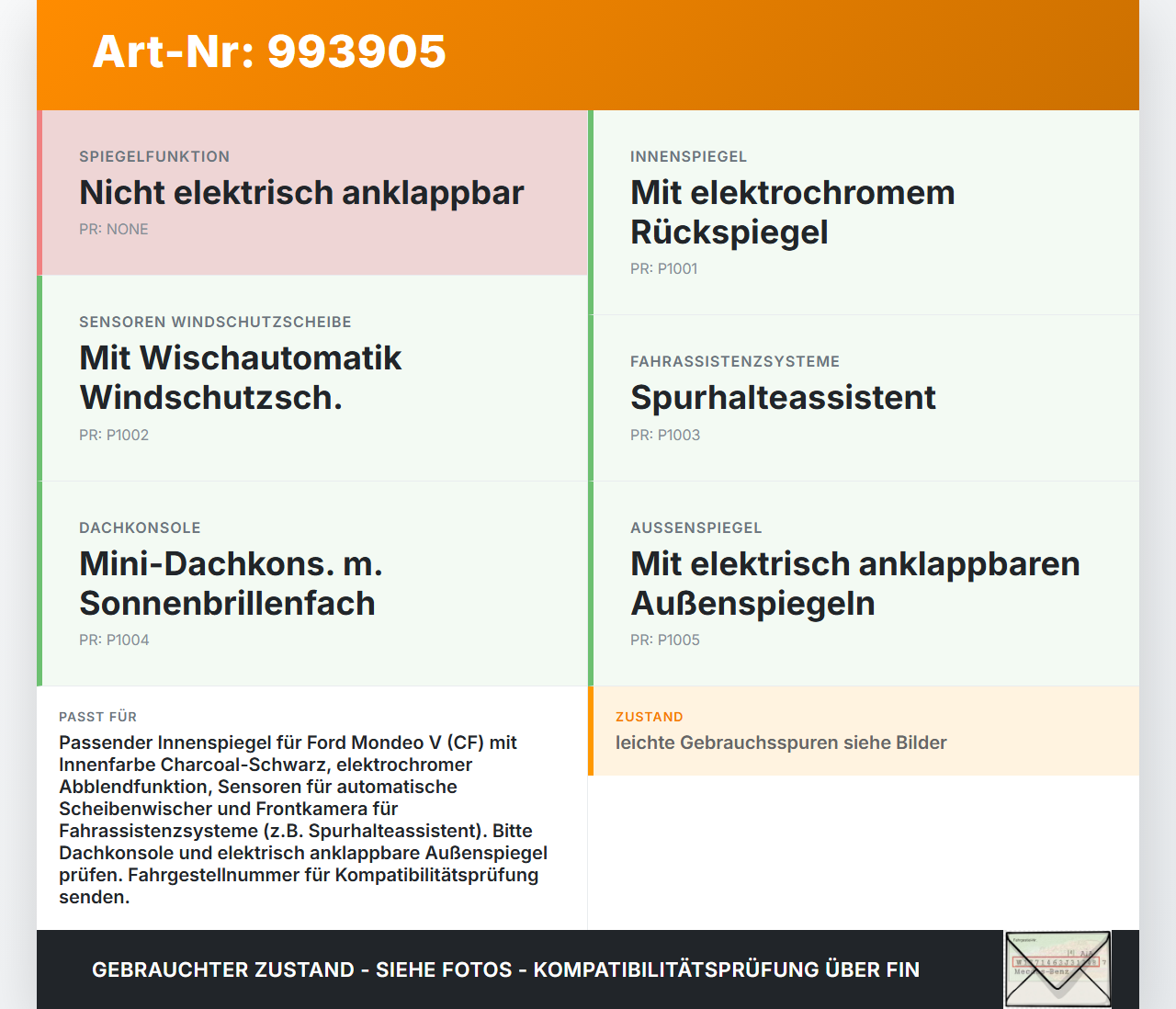 Ford Mondeo 5 V CF 14-19 Innenspiegel Rückspiegel Spiegel Innen Ford Mondeo 5 V CF 14-19 15.10.2019 KU5A-17E678-BA... Vorschau 3