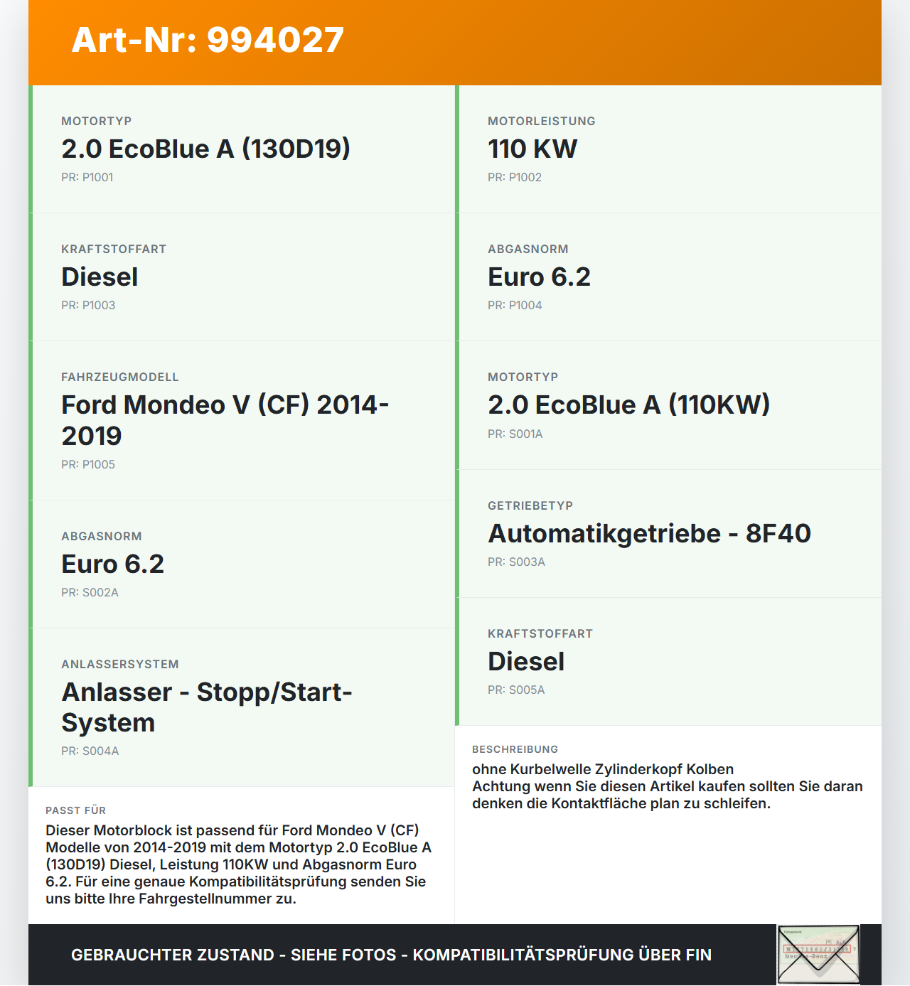 Ford Mondeo 5 V CF 14-19 2,0 110KW Motorblock für Motor Ford Mondeo 5 V CF 14-19 15.10.2019 130D19 gebraucht Vorschau 3