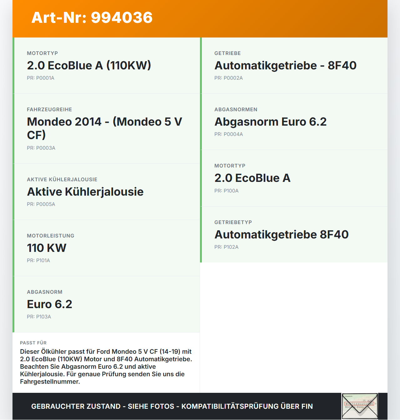 Ford Mondeo 5 V CF 14-19 2,0 110KW Ölkühler Ford Mondeo 5 V CF 14-19 15.10.2019 J1GP-7869-AA gebraucht Vorschau 3