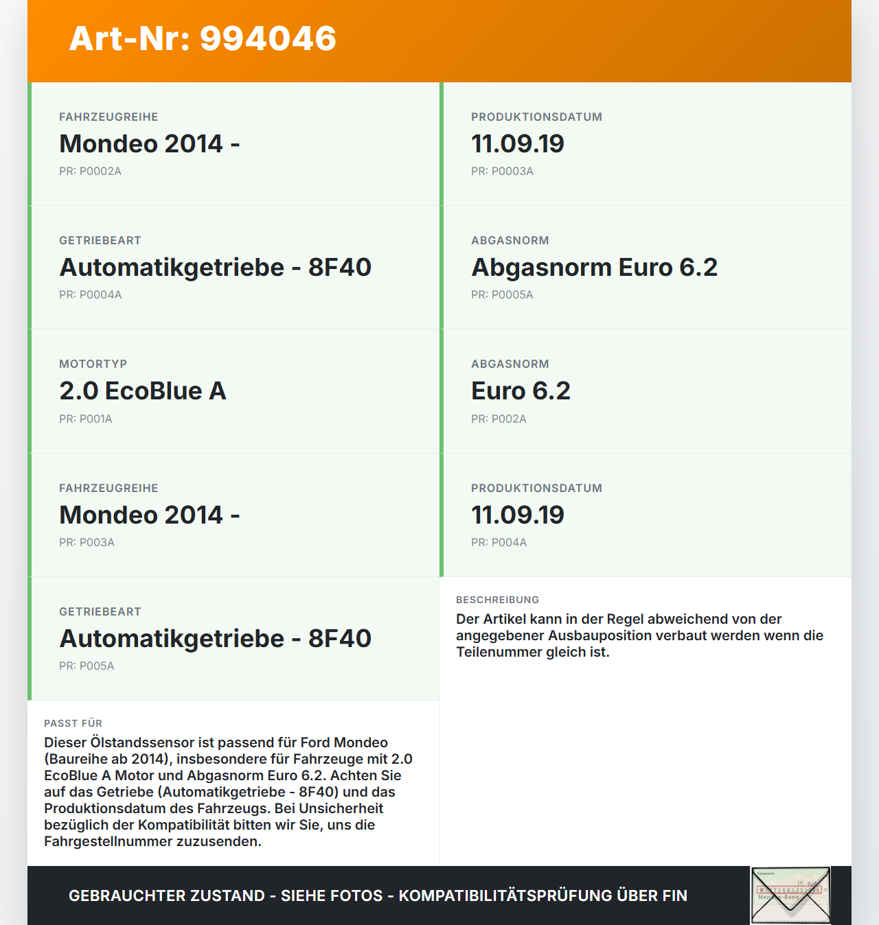 Ford Mondeo 5 V CF 14-19 Ölstandssensor Ölsensor Ford Mondeo 5 V CF 14-19 15.10.2019 GK2A-6C624-BC 210T249 gebraucht Vorschau 3