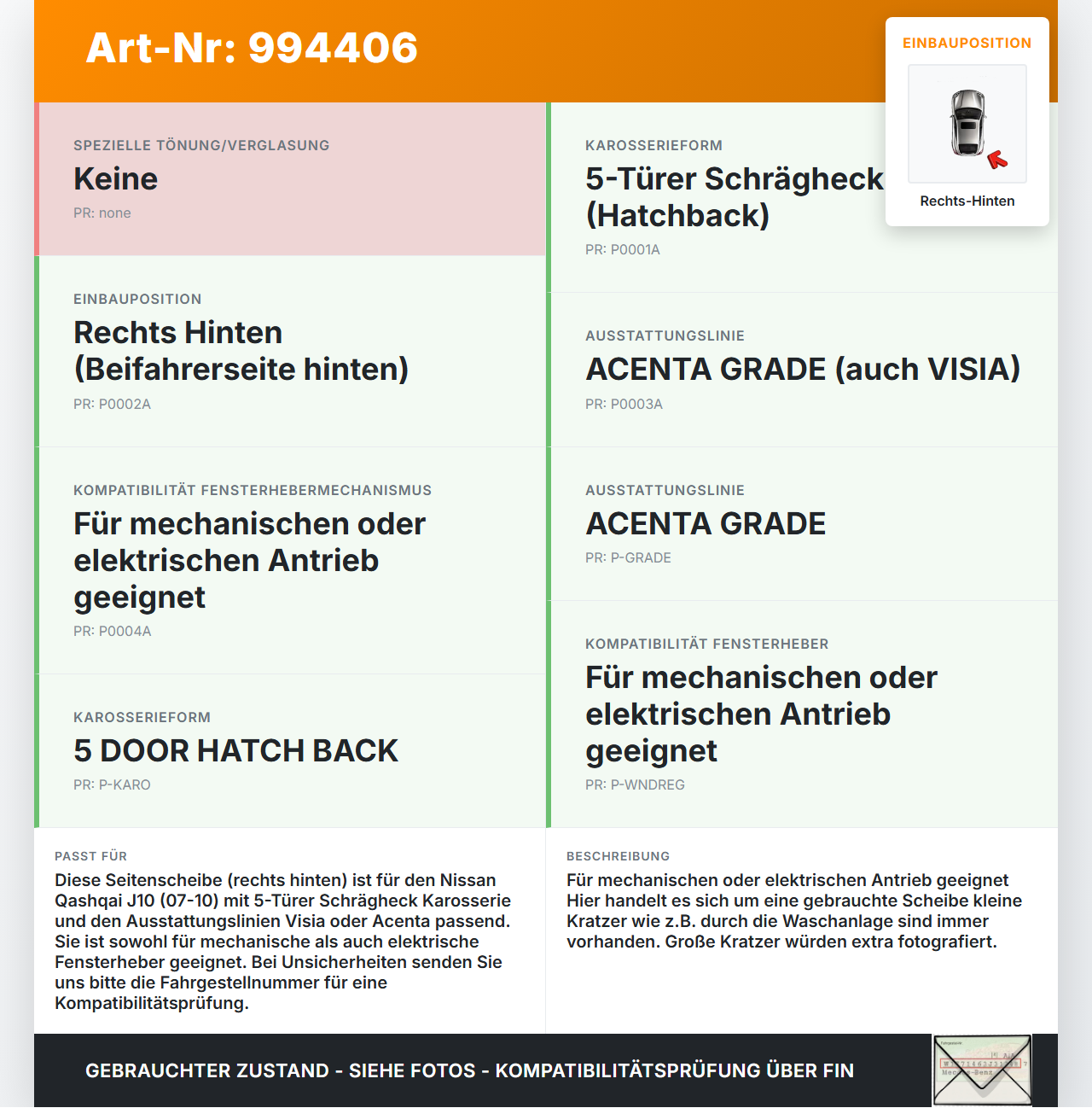 Nissan Qashqai J10 07-10 +0 Seitenscheibe RHK Türscheibe Rechts Hinten Nissan Qashqai J10 07-10 30.06.2009... Vorschau 3