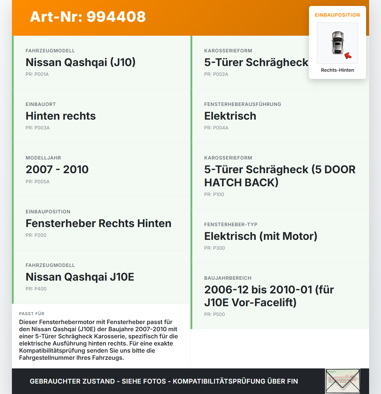 Nissan Qashqai J10 07-10 +0 Fensterhebermotor mit Fensterheber Rechts Hinten Nissan Qashqai J10 07-10 30.06.2009... Vorschau 3