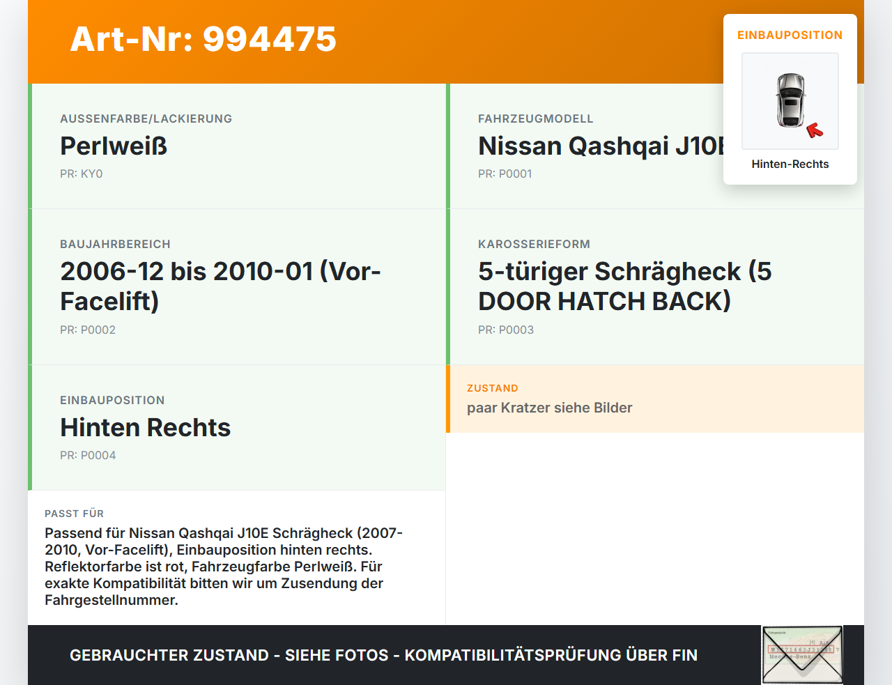 Nissan Qashqai J10 07-10 +0 Reflektor für Stoßstange Hinten Rechts Nissan Qashqai J10 07-10 30.06.2009 26560EB300... Vorschau 3