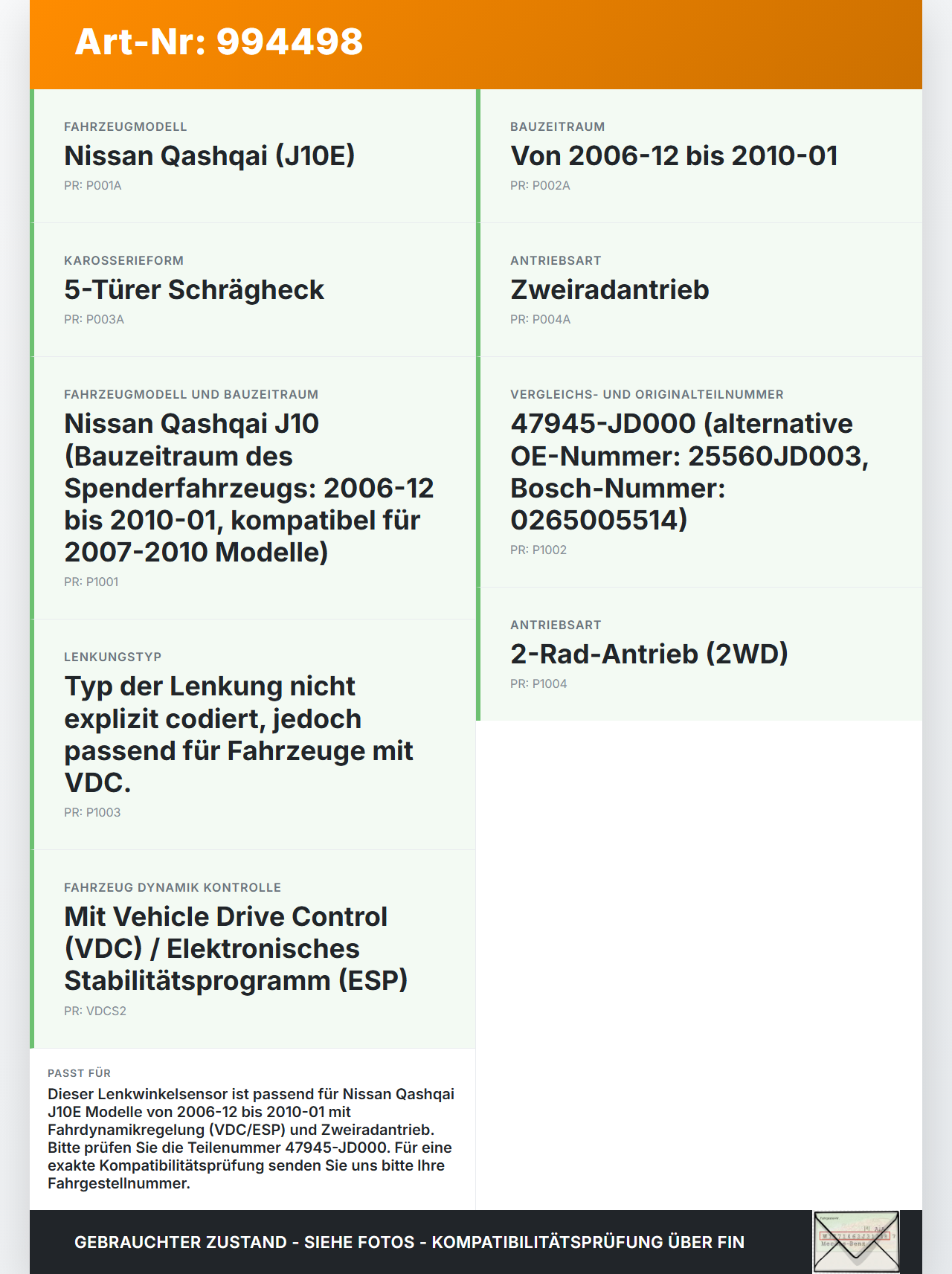 Nissan Qashqai J10 07-10 Lenkwinkelsensor Nissan Qashqai J10 07-10 30.06.2009 47945JD000 47945-JD000 0265005514... Vorschau 3